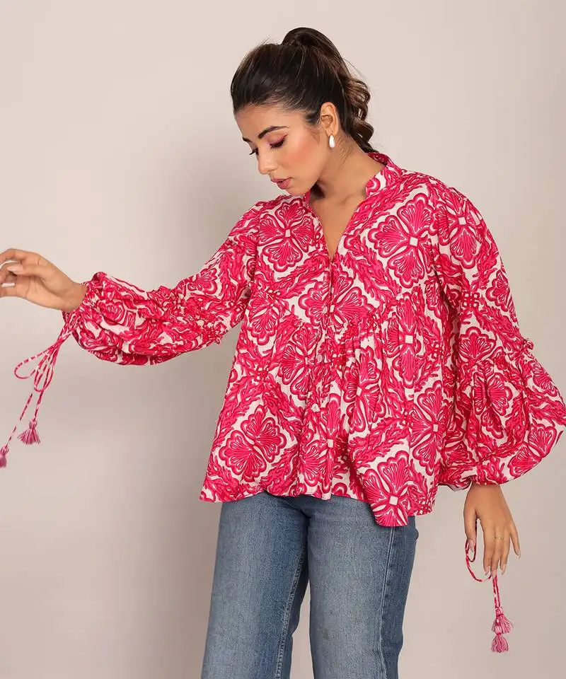Pink and white cotton floral top