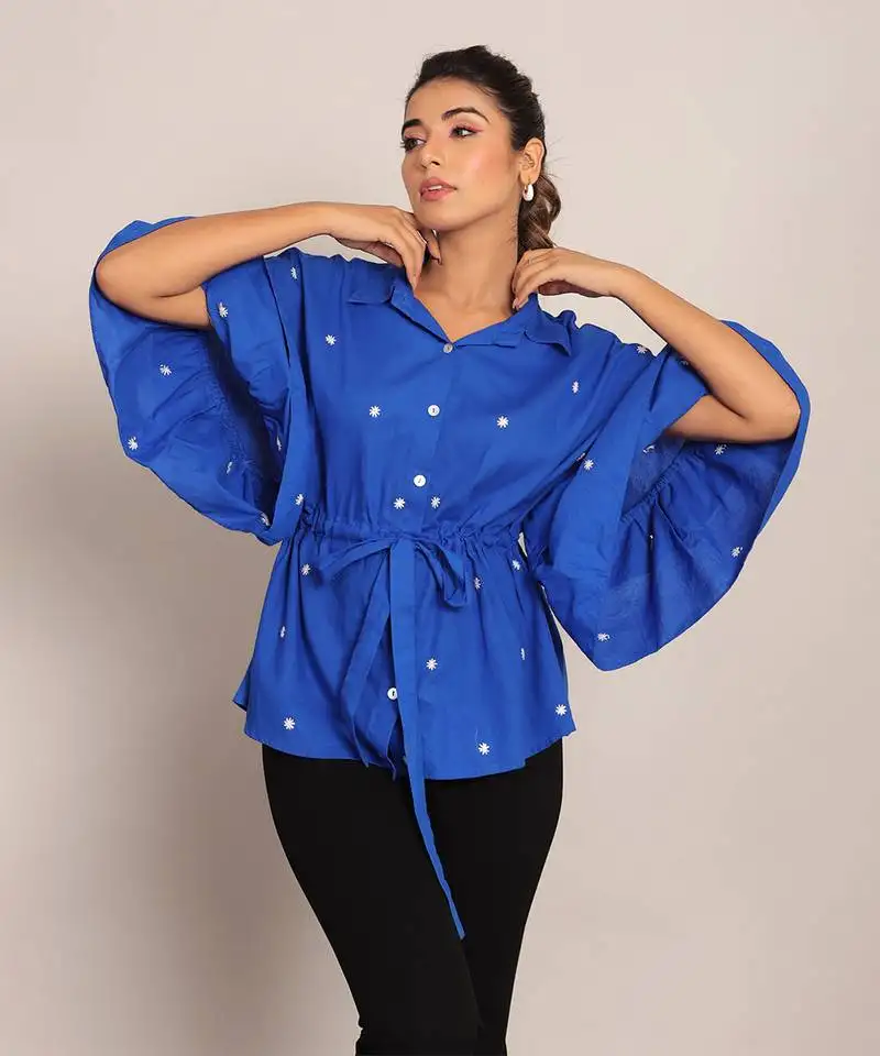 Blue cotton polka dot top