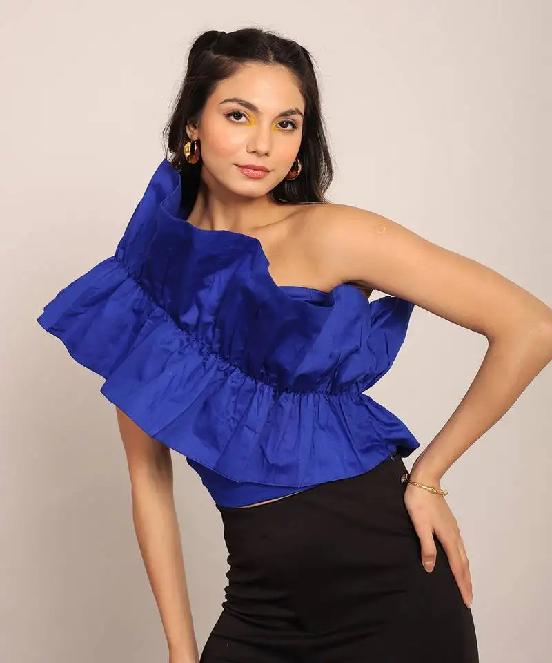 Blue glaze cotton solid top stitched