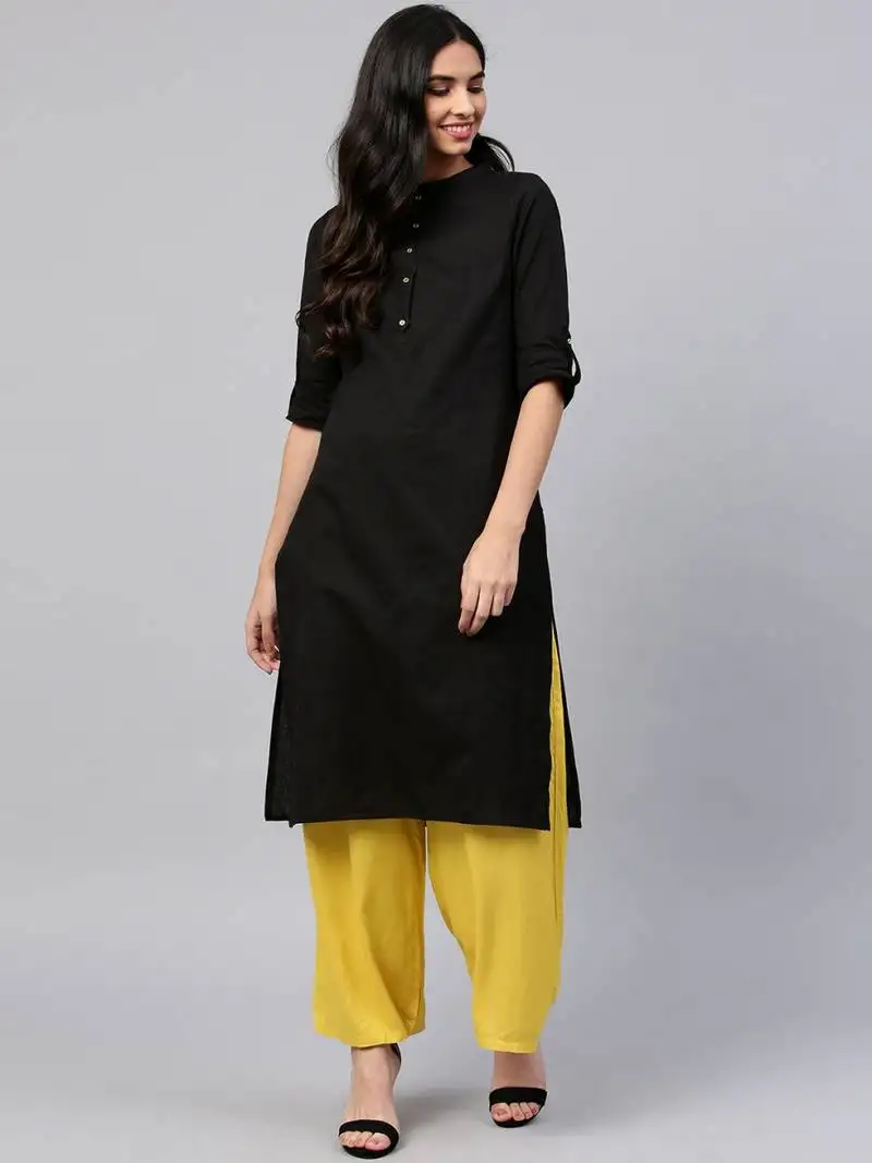 Black plain cotton long kurti with palazzo