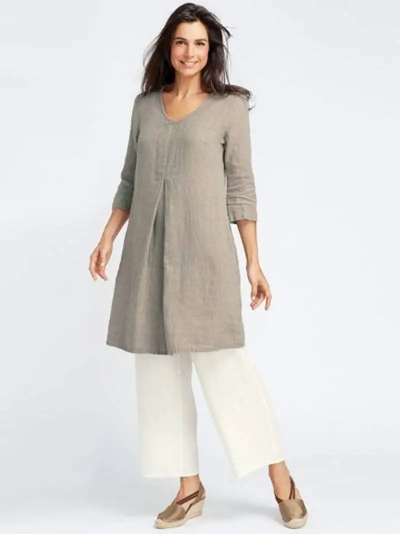 Grey plain cotton long kurti with palazzo
