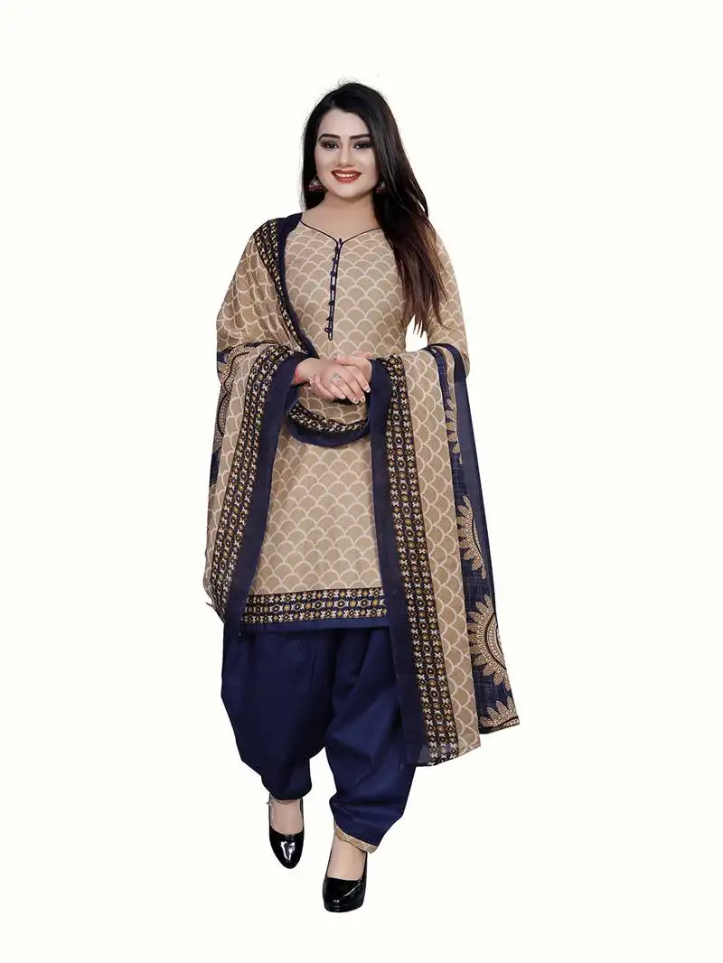 Beige printed blended cotton salwar unstitched