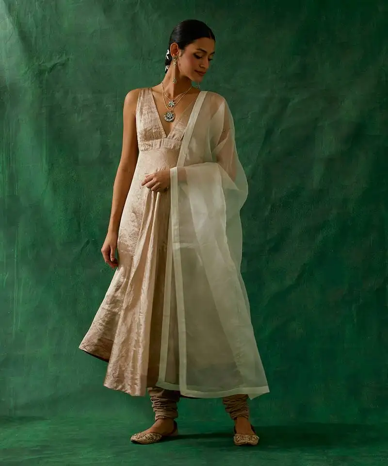 Anarkali kurta in beige goldzari silk, cotton churidaar with embroidered katan dupatta