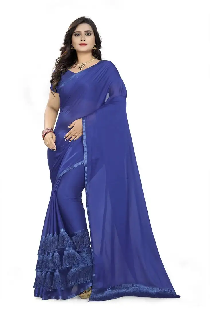 Blue plain georgette saree with blouse