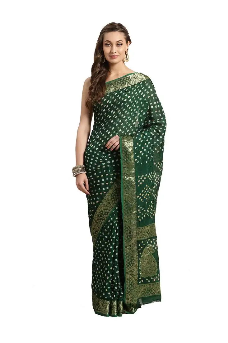 Hand dyed green bandhani silk saree