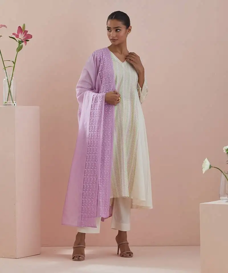 Anarkali kurta in textured cotton with solid pants in off white & pink chanderi dupatta