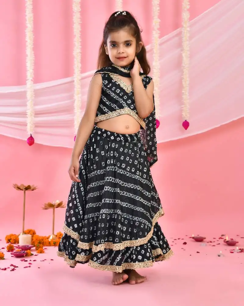 Black silk bandhani printed lehenga choli set for girls