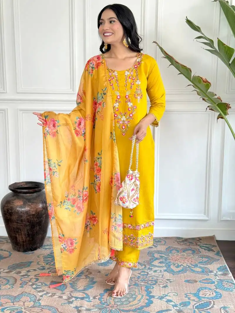 Yellow viscose chanderi designer embroidery work with printed ethnic readymade salwar kameez stitched