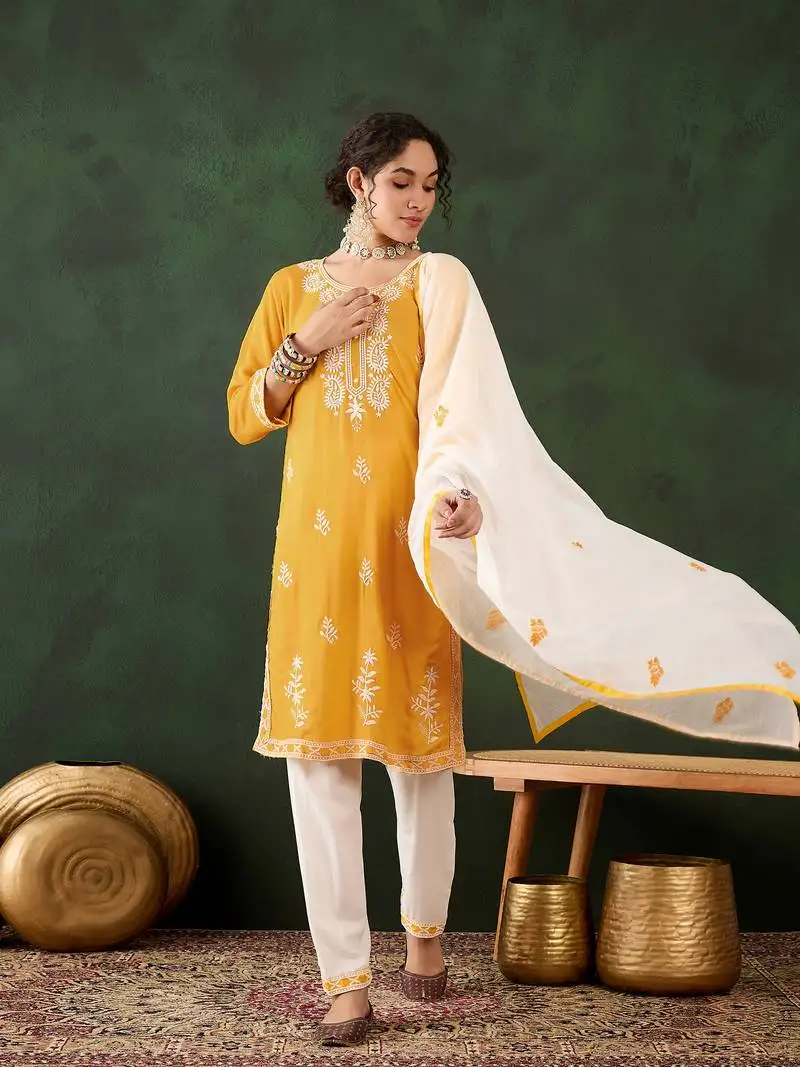 Yellow rayon fabric ethnic designer chikankari embroidery work work readymade formal suit stitched