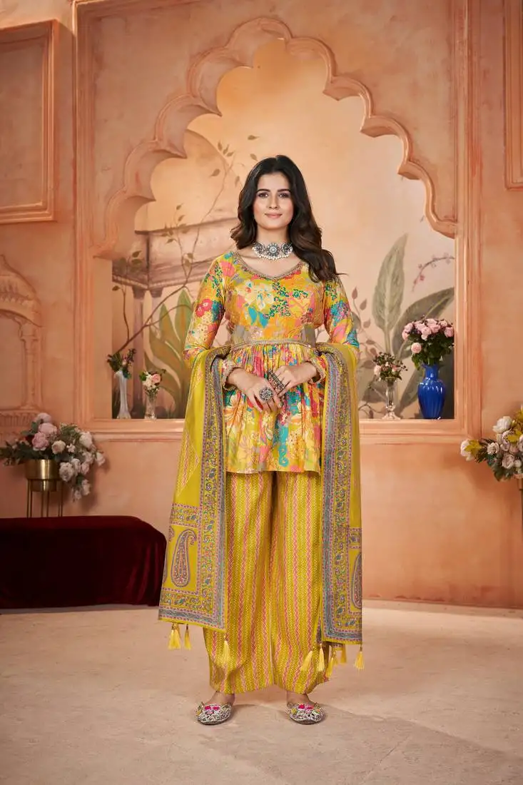 Yellow silk fabric designer floral printed palazzo dress for ceremonial looks stitched