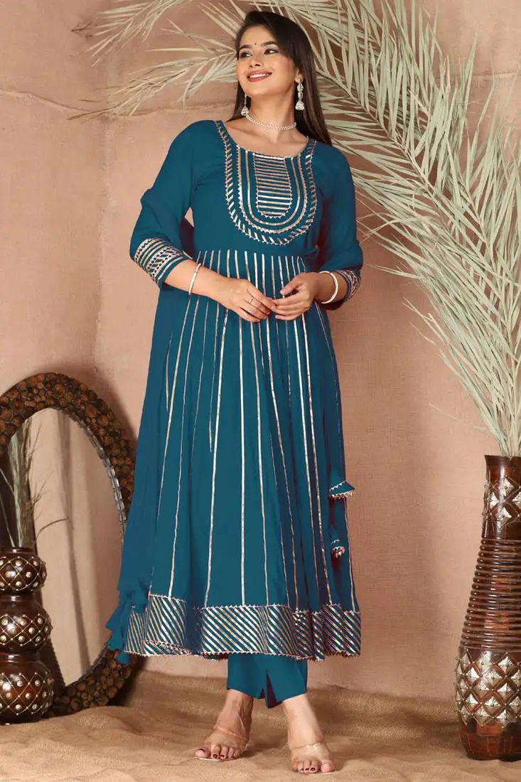 Blue gotta patti rayon stiched party anarkali kurta set stitched