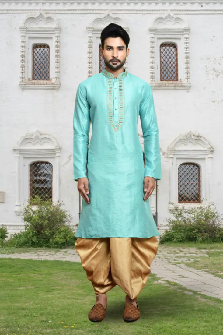 Yellow printed cotton silk boys kurta pyjama