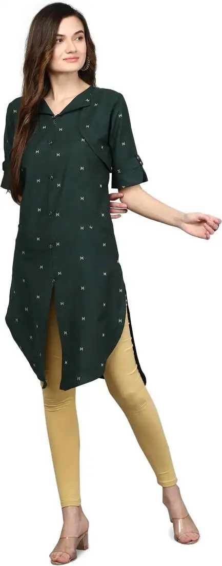 Green cotton woven thread work kurti