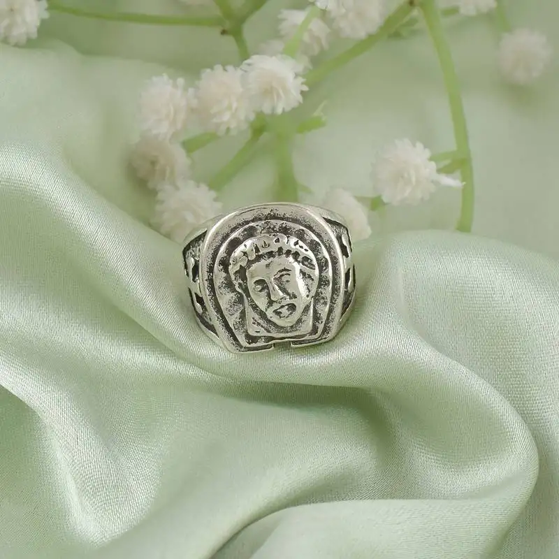 Brass antique silver jesus finger ring for christians