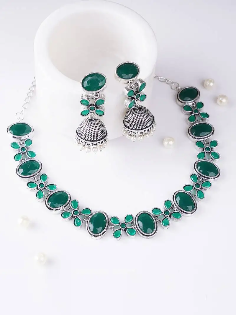 Beautiful oxidised green stones necklace with earings