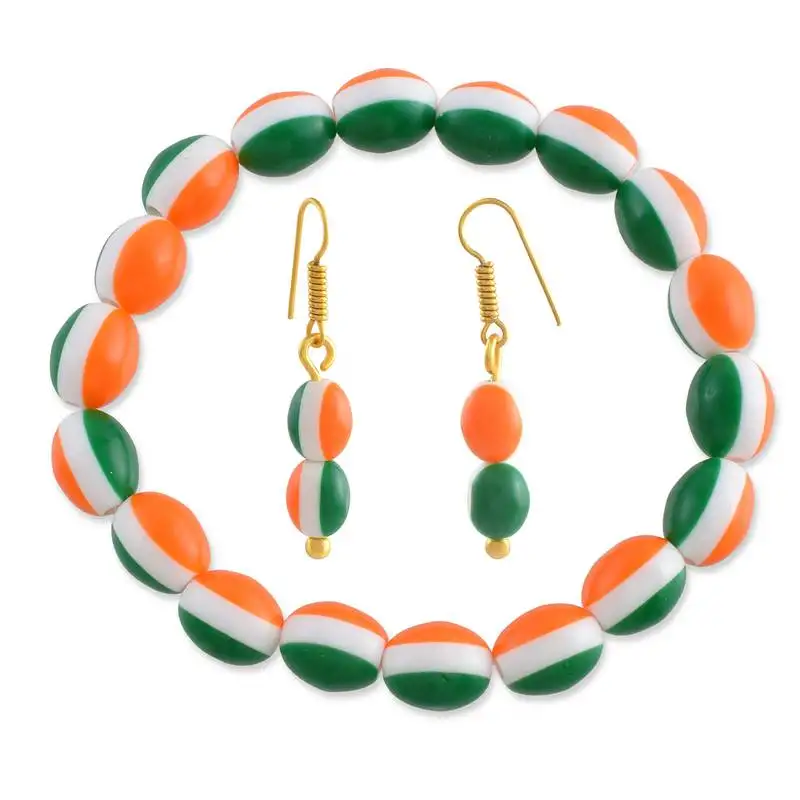 Acrylic bead tri colour tiranga bracelet & matching ear ring combo