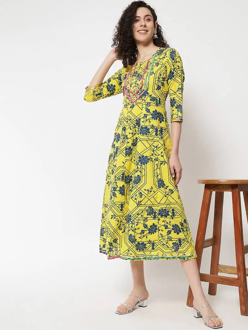 Yellow floral printed with embroidered work rayon anarkali kurta