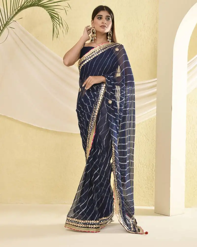 Blue leheriya gota work saree with unstitched blouse fabric