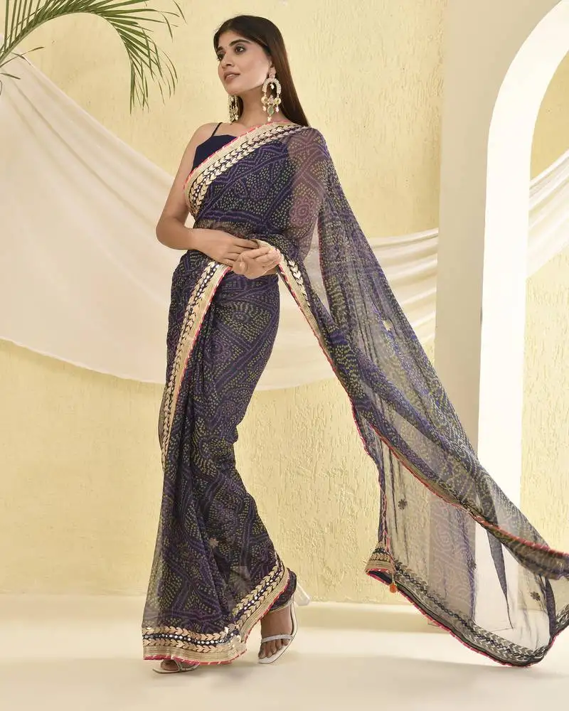 Navy blue bandhani work saree with unstitched blouse fabric