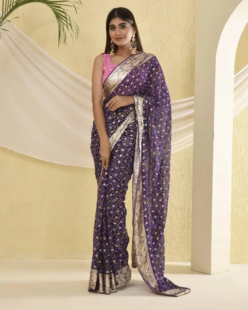 Purple bandhani and zari work saree with unstitched pink blouse fabric