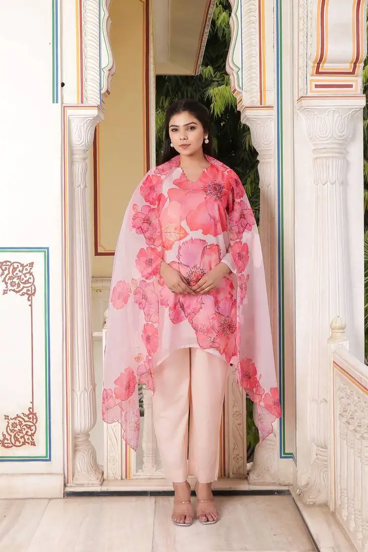 Women ivory tabby slik print & embroidered kurta pant & dupatta set