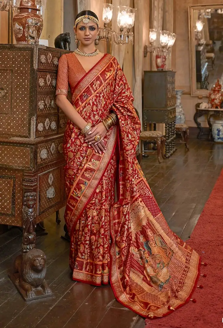 Silk blend patola print red designer saree with unstiched blouse
