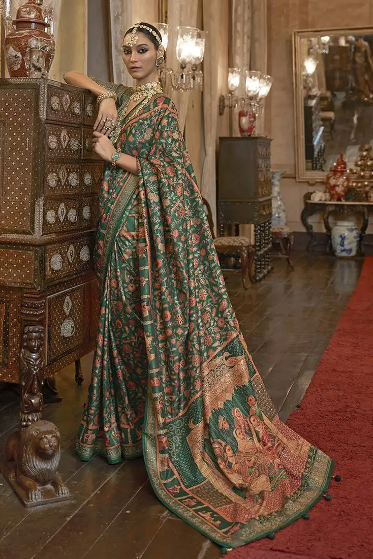 Silk blend patola print green designer saree with unstiched blouse