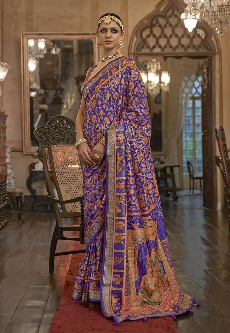 Silk patola print purple designer saree with unstiched blouse
