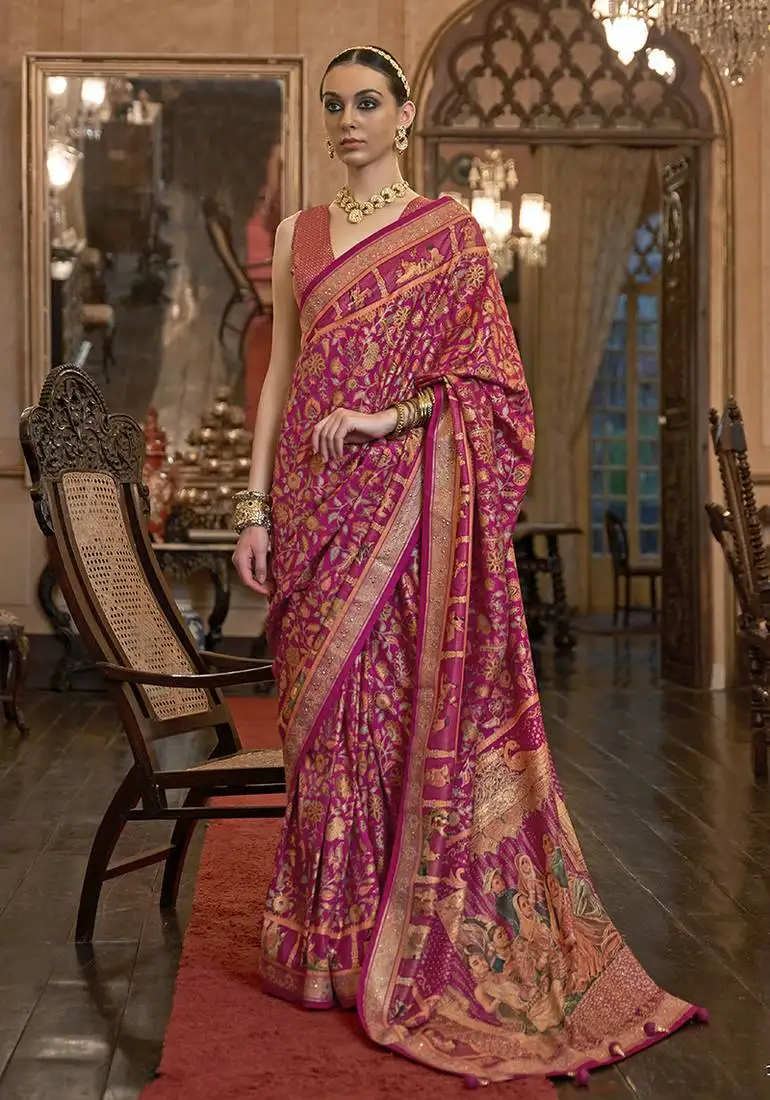 Silk blend patola print dark pink designer saree with unstiched blouse