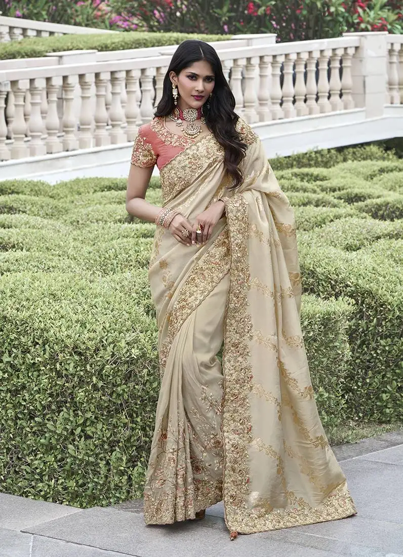 Beige embroidered silk blend contemporary saree