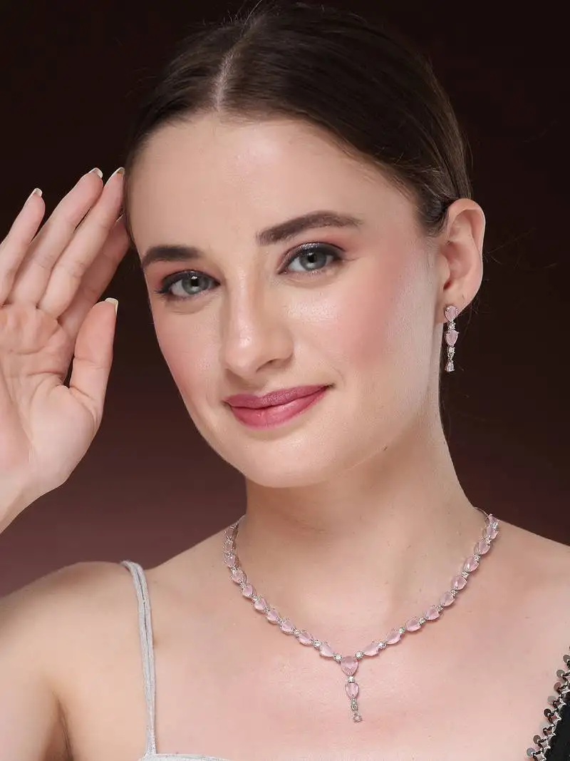 Women's silver-plated pink cz-studded handcrafted jewellery set