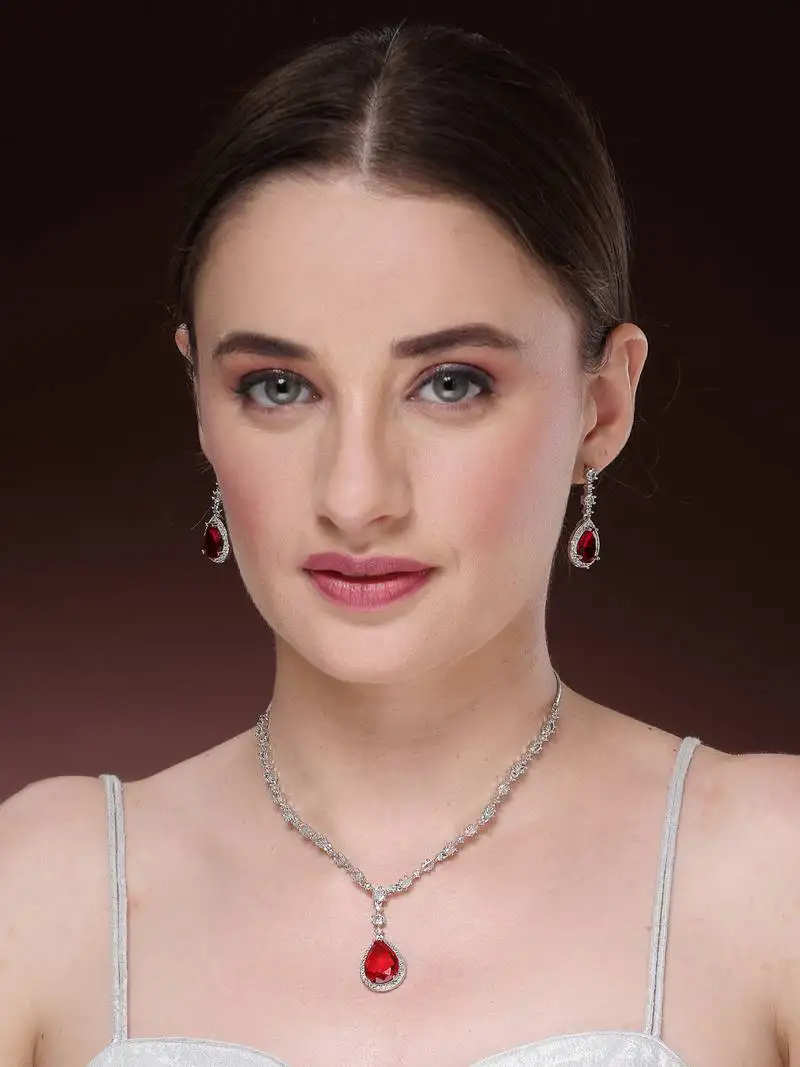 Women's silver-plated red american diamond-studded handcrafted jewellery set