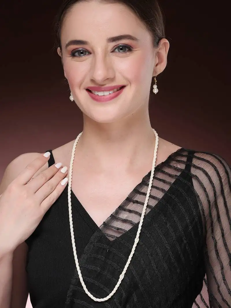 Women's white pearl gold-plated long necklace with earrings