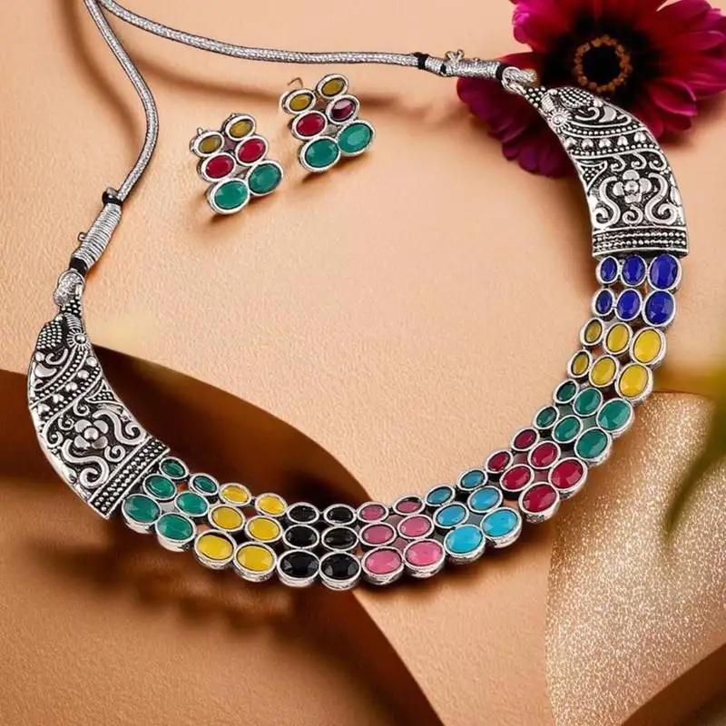 Mansiyaorange multicolor matte silver oxidized rhodium white plated kempu stone choker