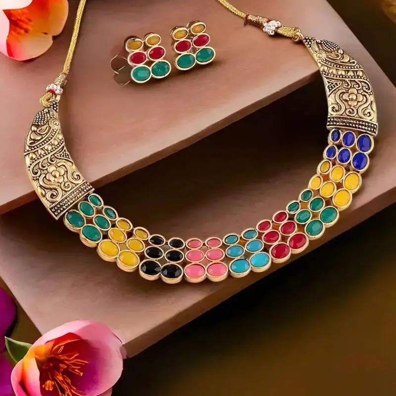 Mansiyaorange multicolor matte gold plated kempu stone choker