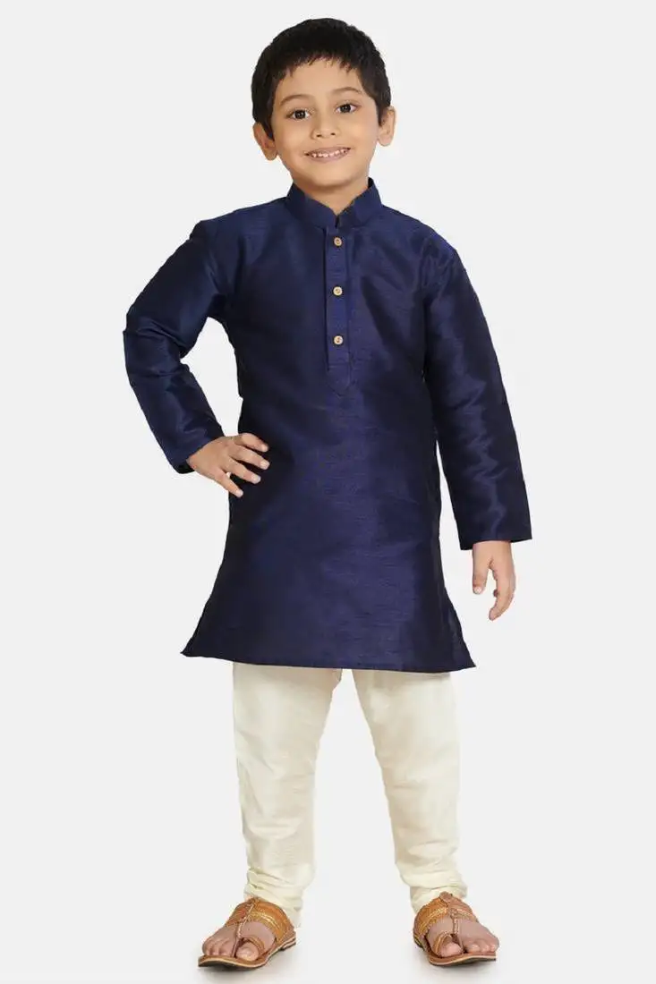 Blue plain cotton silk boys kurta pyjama