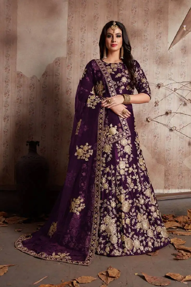 Wine dori and sequins embroidered velvet silk blend semi stitched bridal lehenga for wedding