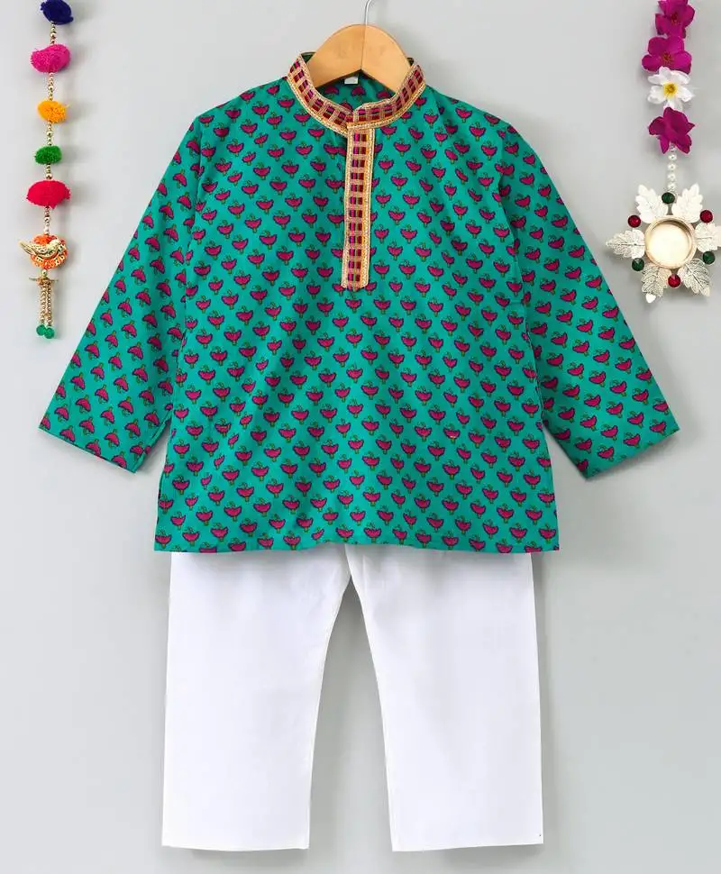 Printed green kurta with white pajama