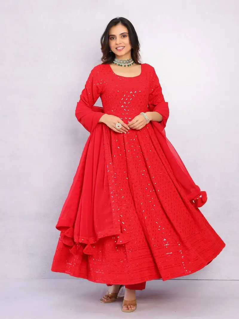 Venetian red chikankari anarkali dress with georgette dupatta & bottom (set of 3) stitched