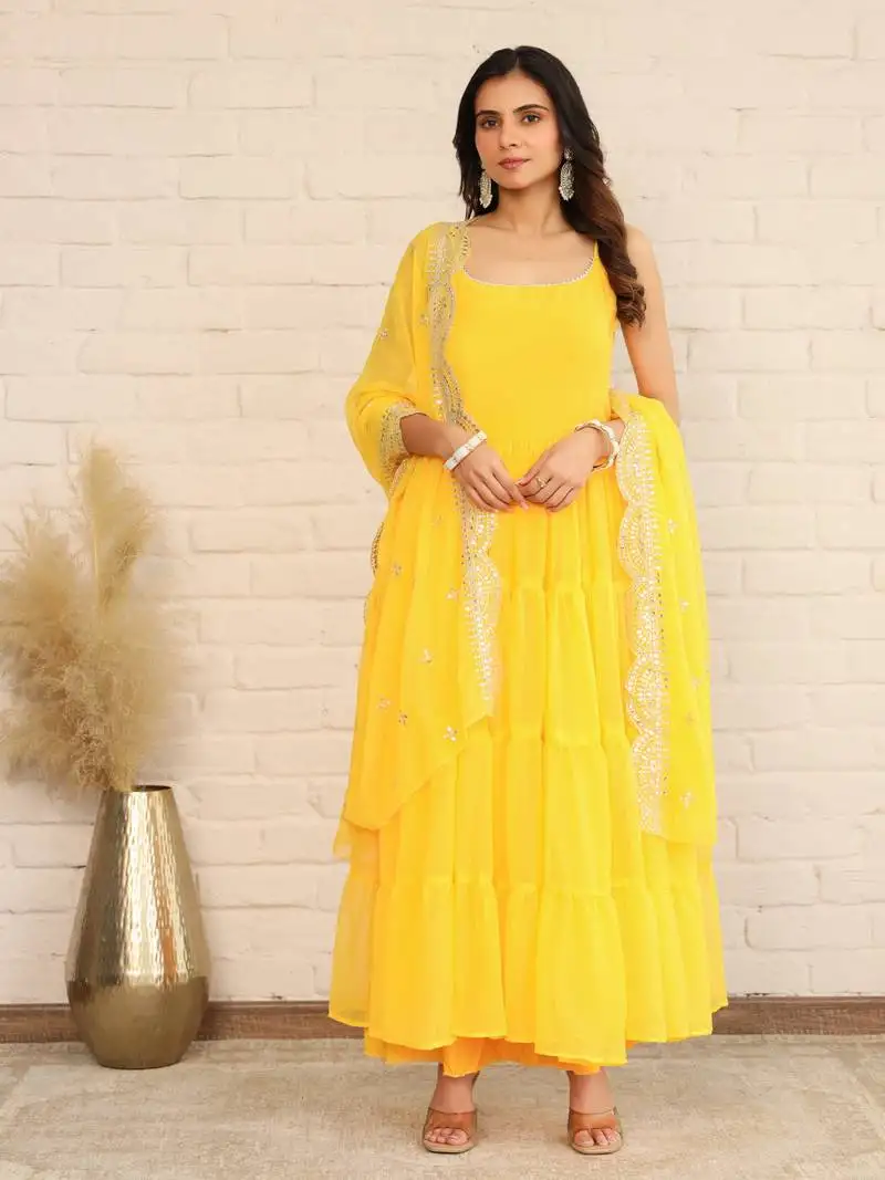 Amber yellow solid long flared anarkali dress with sequence work dupatta & bottom (set of 3) stitched