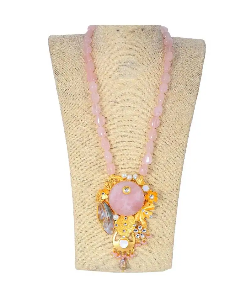 Designer rose quartz necklace with smart look pendant