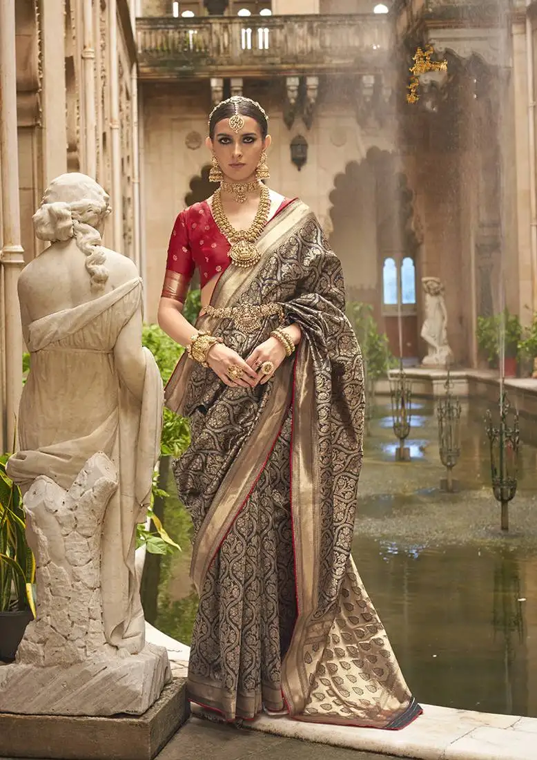 Banarasi silk blend jacquard black contemporary saree with unstiched blouse
