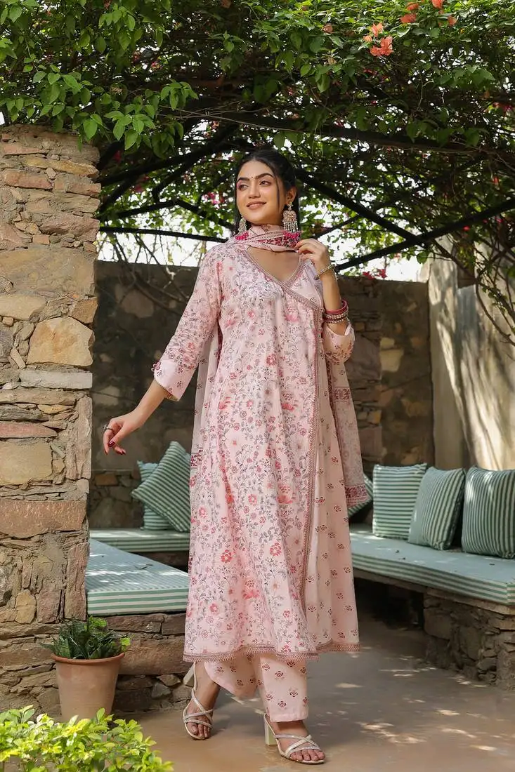 Baby pink cotton angrakha style dupatta suit set