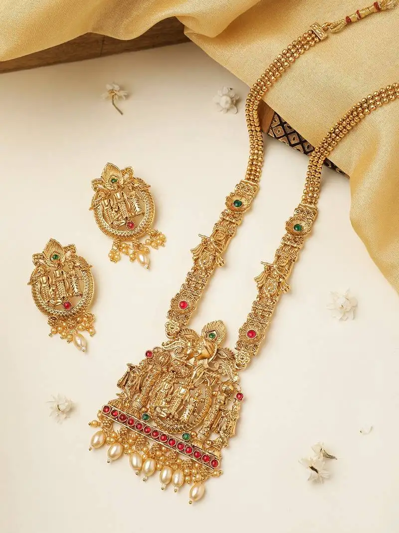 Long south indian temple theme ram darbaar motif jewelry set for women