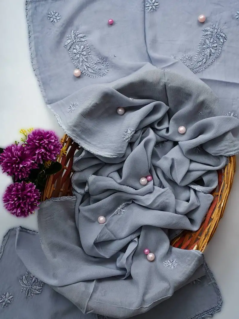 Hand embroidered grey viscose georgette lucknowi chikankari dupatta