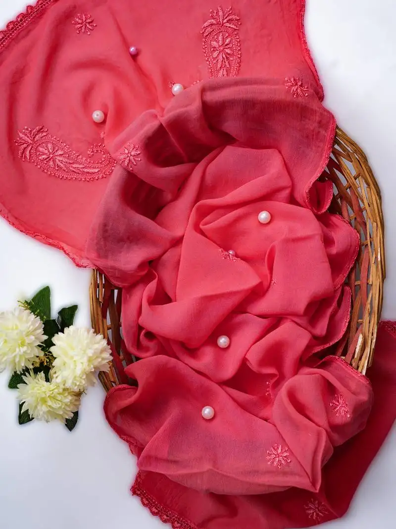 Hand embroidered carrot pink georgette lucknowi chikankari dupatta