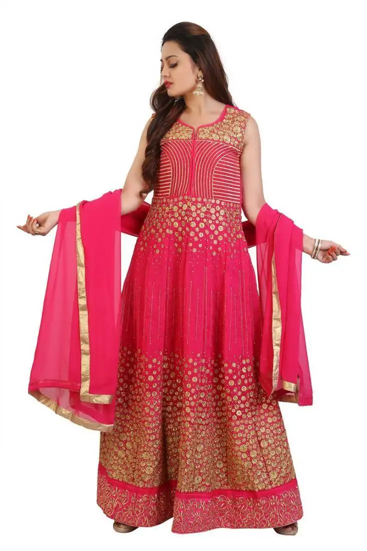 Pink embroidered georgette anarkali suit with dupatta semi stitched