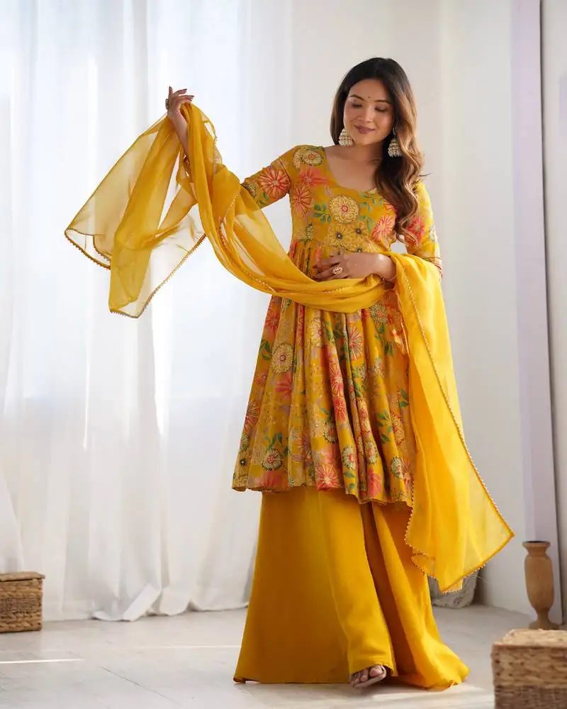 Yellow romansilk printed fully flair kurta with dupatta & palazzo stitched