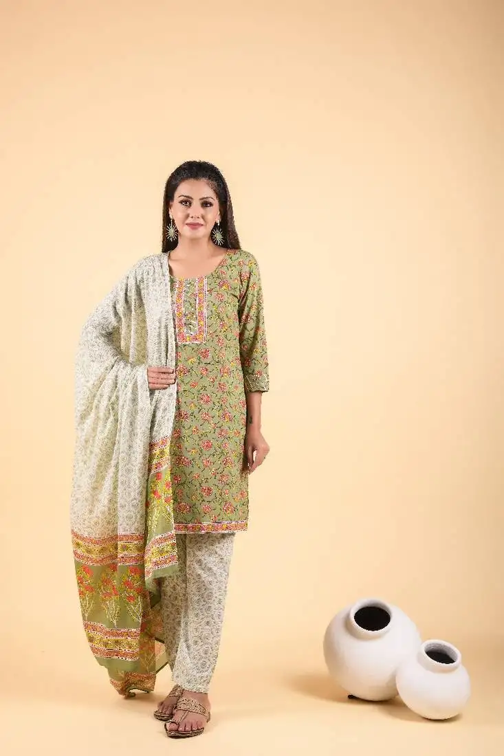 3 piece asparagus green and chanderi multi-printed suit set