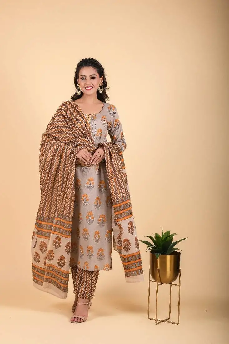 3 piece metal grey and chocolate brown kurta with printed cambric dupatta and pants